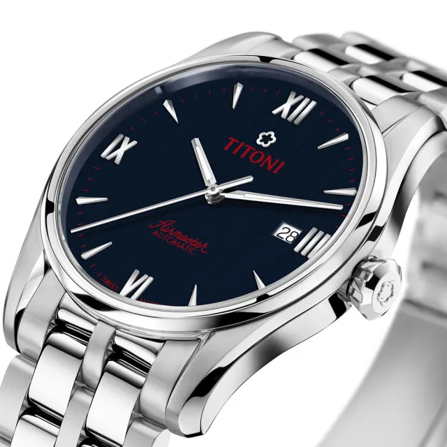 【TITONI 梅花錶】新空中霸王系列-深藍色錶盤-不鏽鋼鍊帶/40mm(83908 S-690)