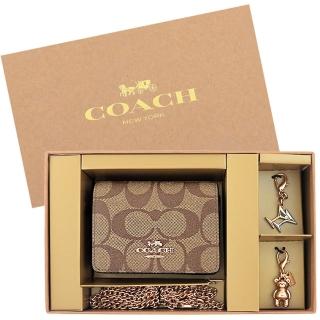 【COACH】大C PVC鍊帶小廢包/迷你斜揹包+雞尾酒杯/小熊造型吊飾禮盒組(咖啡色)