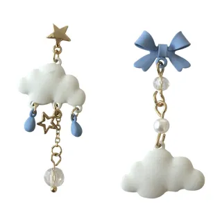 【MISA】韓國設計S925銀針不對稱可愛雲朵蝴蝶結造型耳環(S925銀針耳環 不對稱耳環 雲朵耳環)