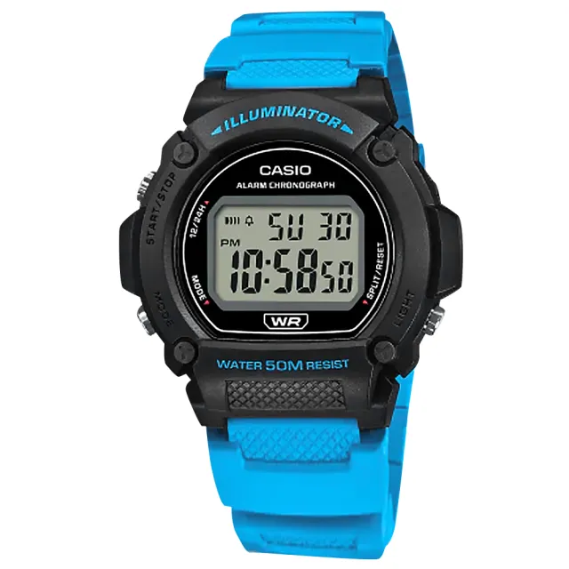 【CASIO 卡西歐】運動潮流 計時碼錶 LED照明 鬧鈴 電子數位 橡膠手錶 黑藍色 47mm(W-219H-2A2)