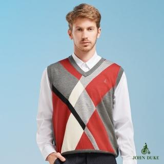 【JOHN DUKE 約翰公爵】設計師款V領防縮保暖絲光羊毛背心 紅/灰(87-1Y5056)