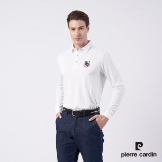 【pierre cardin 皮爾卡登】商務休閒 男款 直條印花襯衫領薄長袖polo衫-白色(5215201-90)