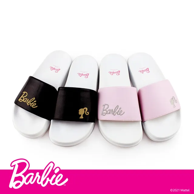 【Paidal】Barbie 芭比經典logo款電繡一片式運動拖鞋(個性黑)