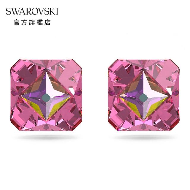 【SWAROVSKI 官方直營】Matrix 耳釘 金字塔形切割 粉紅色 鍍金色色調