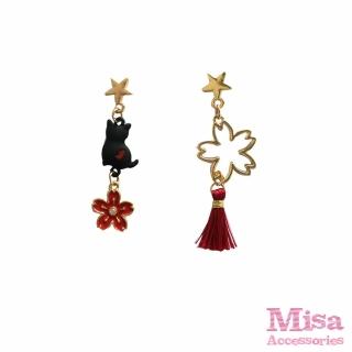 【MISA】韓國設計S925銀針不對稱和風貓咪花朵流蘇造型耳環(S925銀針耳環 不對稱耳環 花朵耳環)