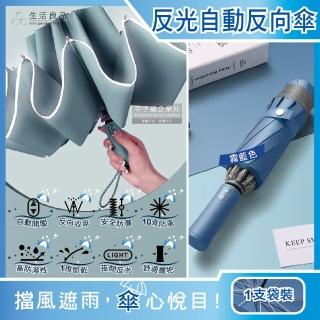 【生活良品】10骨反光邊條抗風防潑水一甩即乾1鍵開收防暴衝慢回彈自動摺疊反向晴雨傘-霧藍色(附霧面傘套)