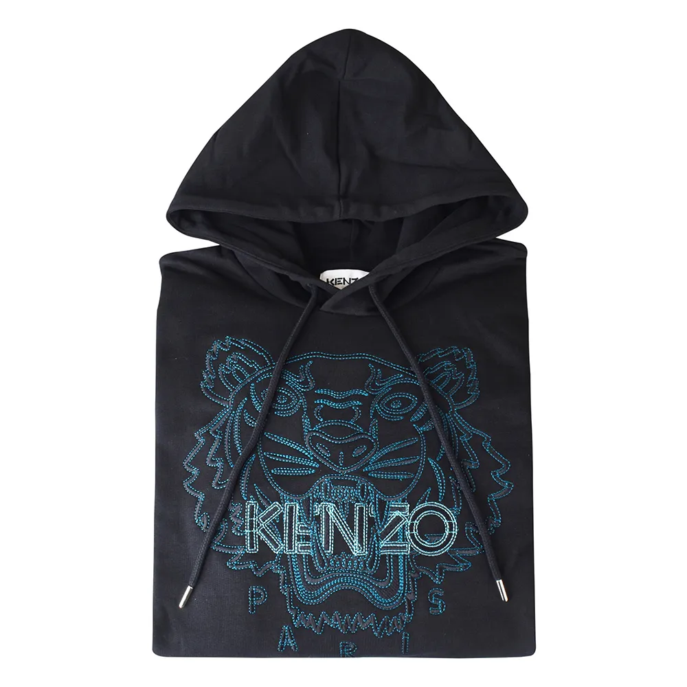 【KENZO】KENZO藍字刺繡LOGO經典虎頭設計棉質長袖連帽T-Shirt(黑)