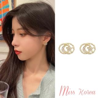 【MISS KOREA】韓國設計S925銀針微鑲美鑽星月圈圈造型耳環(S925銀針耳環 水鑽耳環 星月耳環)