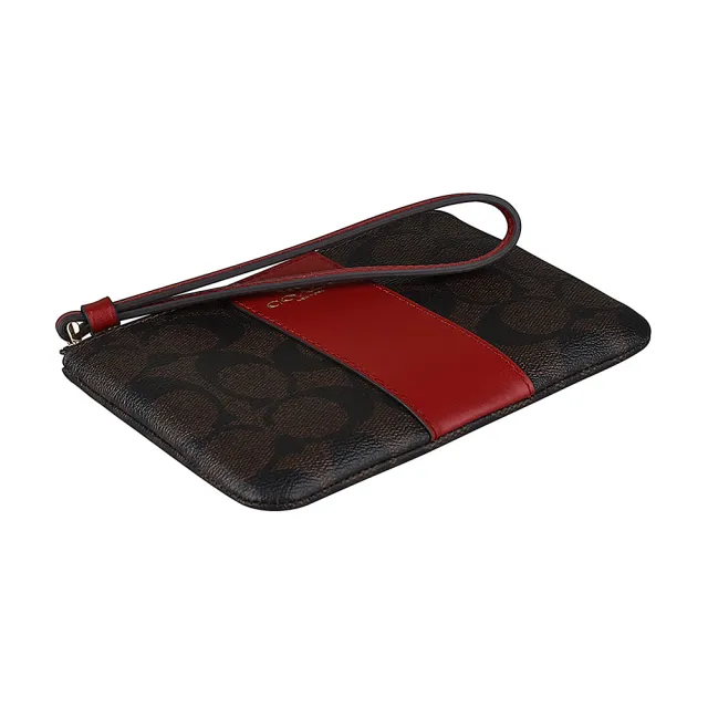 【COACH】COACH 燙金馬車LOGO印花PVC拼接牛皮拉鍊手拿包(深褐x紅)