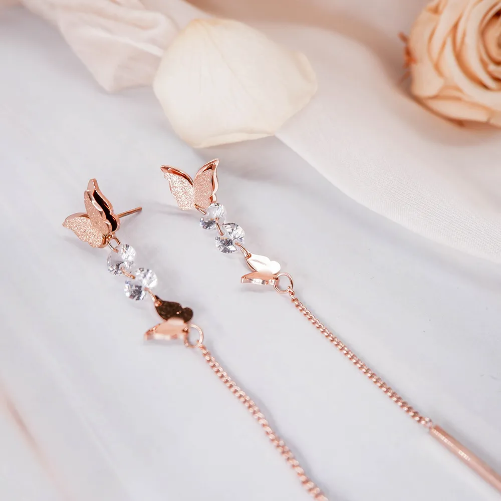 【Elegant 珍愛宣言】翩翩飛舞蝴蝶玫瑰金耳環(鈦鋼耳環 抗過敏耳環)