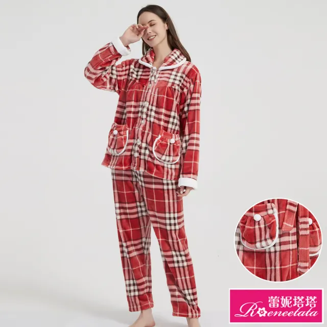 【蕾妮塔塔】聖誕紅 極暖超柔軟水貂絨女性長袖兩件式睡衣(R07237-8紅格紋)