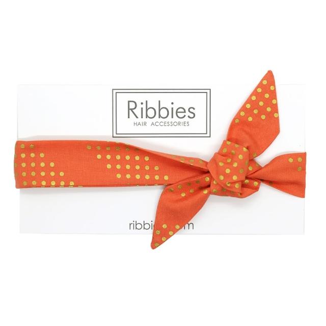 【Ribbies】成人蝴蝶結髮帶珊瑚紅金點點(髮帶)