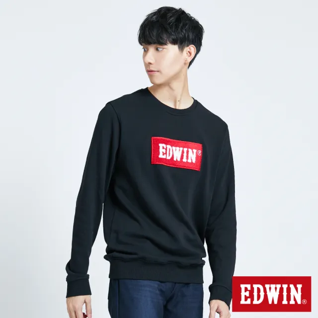 【EDWIN】男裝 毛巾繡花厚長袖T恤(黑色)