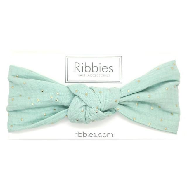 【Ribbies】成人寬版扭結髮帶薄荷綠金點點(髮帶)