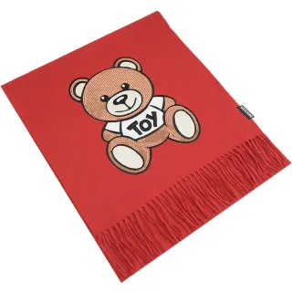【MOSCHINO】品牌亮片小熊純羊絨毛線針織流蘇披肩長圍巾(紅)