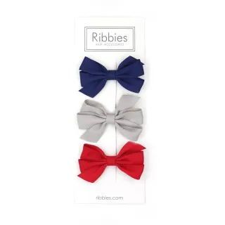 【Ribbies】三層中蝴蝶結3入組-紅藍系列(髮夾)