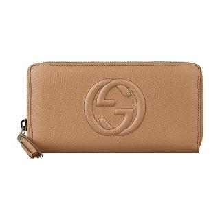 【GUCCI 古馳】GUCCI SOHO 經典雙G線紋LOGO牛皮12卡拉鍊長夾(駝)