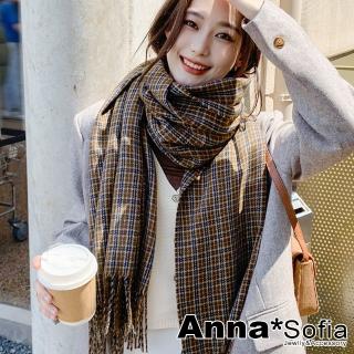 【AnnaSofia】仿羊絨大披肩圍巾-紳士條紋方格 現貨(咖系)