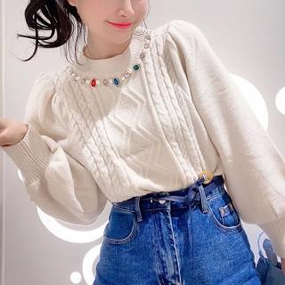 【BBHONEY】韓國精緻彩鑽裝飾毛衣寬鬆顯瘦針織上衣(網美必備款)