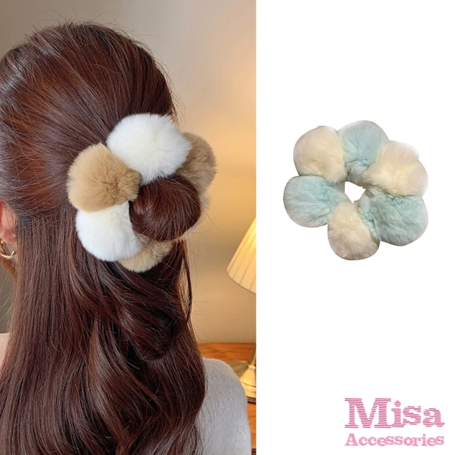 【MISA】撞色髮圈 毛球髮圈/韓國設計甜美撞色大毛球可愛髮圈 大腸圈(4色任選)