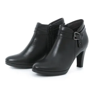 【MAGY】造型真皮釦帶金屬高跟 女 短靴短靴(黑色)