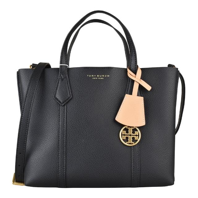【TORY BURCH】TORY BURCH PERRY金字LOGO荔枝紋牛皮釦式雙層手提斜背包(黑)