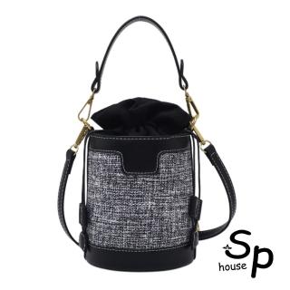【Sp house】母親節禮物 韓版圓筒復古帆布撞色水桶包(2色能選)
