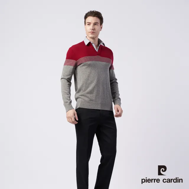 【pierre cardin 皮爾卡登】商務休閒 男款 羊毛混紡定位條襯衫領條假兩件穿毛衣-紅色(5215471-96)