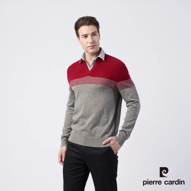 【pierre cardin 皮爾卡登】商務休閒 男款 羊毛混紡定位條襯衫領條假兩件穿毛衣-紅色(5215471-96)