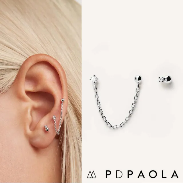【PD PAOLA】西班牙時尚潮牌 白鑽X星辰豆豆垂墜式耳環三件組 銀色 MUSKETEER SILVER(925純銀)