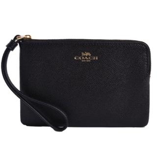 【COACH】燙金馬車LOGO 防刮皮革拉鍊式手拿包(黑)
