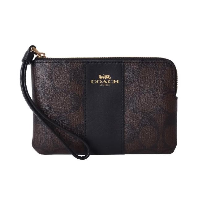 COACH 燙金LOGO防刮皮革拼接直條拉鍊手拿包 深咖
