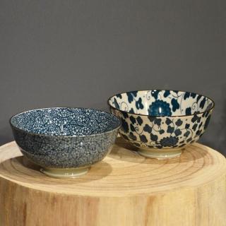 【YU Living 信歐傢居】日式藍色系印花餐碗四件組 飯碗(四件一組/寬11.5cm/2款/櫻花/梅花)