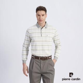 【pierre cardin 皮爾卡登】商務休閒 男款 棉質混紡格紋緹花刷毛長袖POLO衫-黃色(5215277-53)