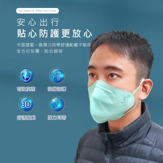 【健康天使】MIT醫用3D立體成人寬耳繩鬆緊帶口罩 綠色(30入/袋)
