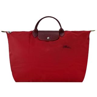 【LONGCHAMP】LE PLIAGE GREEN系列刺繡短把再生尼龍摺疊旅行袋(小/夕陽紅)