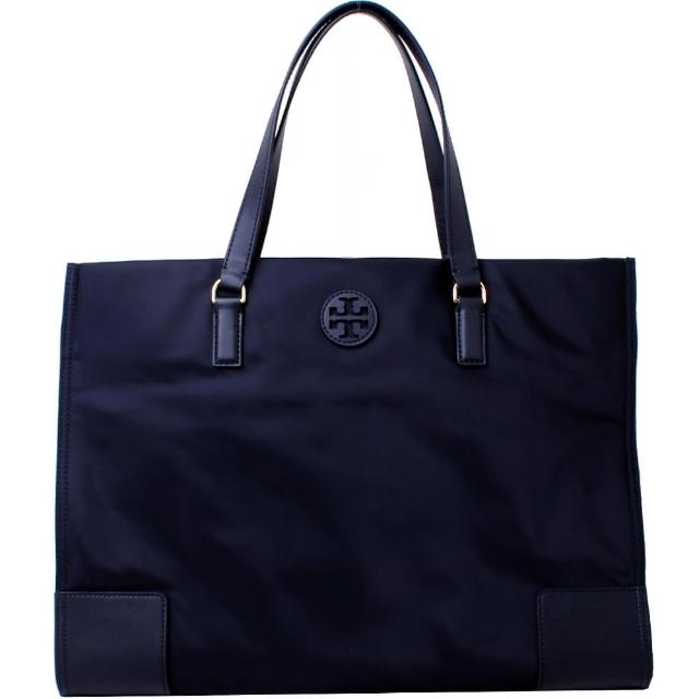 【TORY BURCH】ELLA縫線皮革LOGO尼龍釦飾手提肩背包(海軍藍)