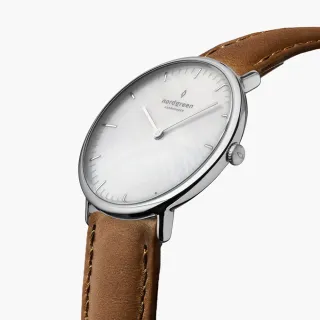 【Nordgreen】ND手錶 Native 本真 32mm 月光銀殼×珍珠母貝面 深棕真皮錶帶(NR32SILEDBMP)