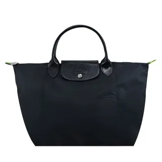 【LONGCHAMP】LE PLIAGE GREEN系列刺繡短把再生尼龍摺疊水餃包(中/黑)