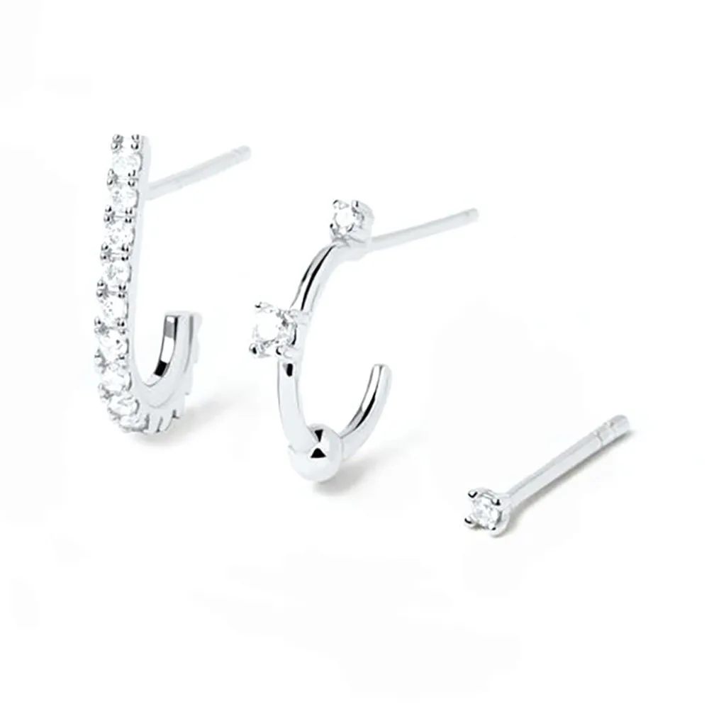 【PD PAOLA】西班牙時尚潮牌 C型X單鑽X水滴 白鑽耳環三件組 銀色 L OISEAU SILVER(925純銀)