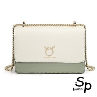 【Sp house】母親節禮物 輕奢時尚拼色鹿角鏈條牛皮小方包(4色能選)