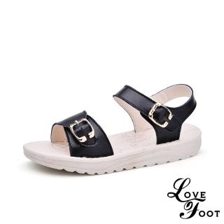 【LOVE FOOT 樂芙】簡約經典釦飾純色真皮彈力平底涼鞋(黑)