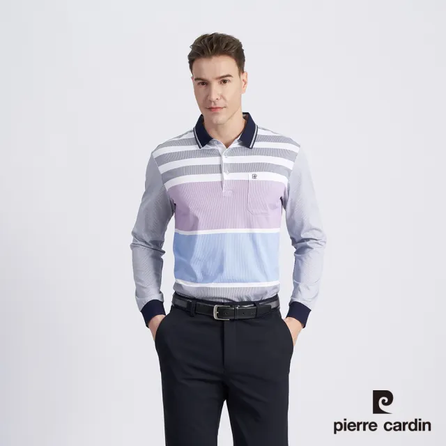 【pierre cardin 皮爾卡登】商務休閒 男款 棉質混紡細條定位印花薄長袖POLO衫-丈青色(5215263-38)