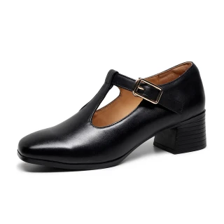 【Vecchio】真皮跟鞋 粗跟跟鞋 T字跟鞋/真皮頭層牛皮復古T字釦帶時尚粗跟鞋(黑)