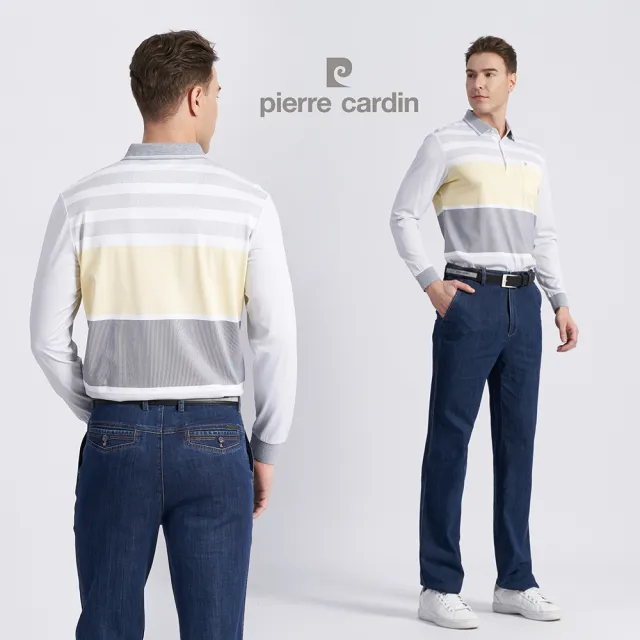 【pierre cardin 皮爾卡登】商務休閒 男款 棉質混紡細條定位印花薄長袖POLO衫-灰色(5215263-95)