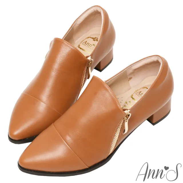 【Ann’S】復古風格2.0-雙拉鍊綿羊皮全真皮牛津便鞋3.5cm(棕)
