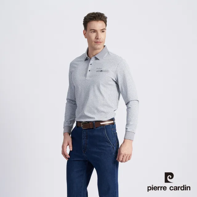 【pierre cardin 皮爾卡登】商務休閒 男款 棉質混紡印花薄長袖POLO衫-灰色(5215262-95)