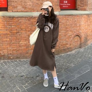【HanVo】現貨 雪山印花內刷毛帽T洋裝(舒適休閒長袖連帽長版T 韓系百搭顯瘦寬鬆上衣 A06-3561)
