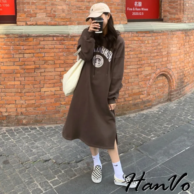 【HanVo】現貨 雪山印花內刷毛帽T洋裝(舒適休閒長袖連帽長版T 韓系百搭顯瘦寬鬆上衣 A06-3561)