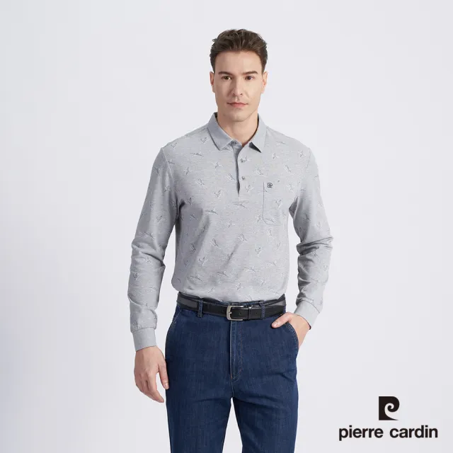 【pierre cardin 皮爾卡登】商務休閒 男款 棉質混紡印花薄長袖POLO衫-灰色(5215264-95)